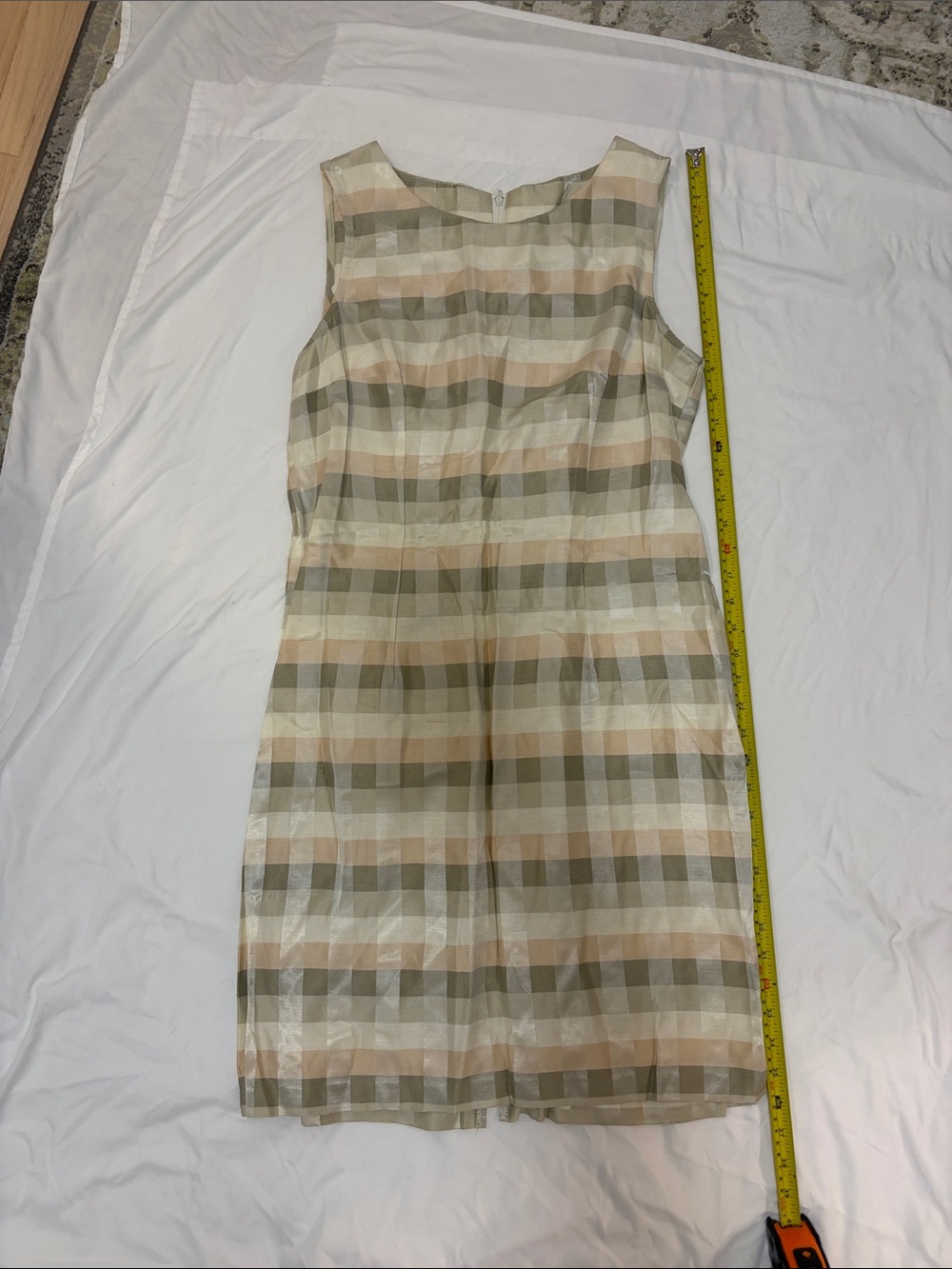 Sleeveless Plaid Sheath Dress in Beige and Taupe